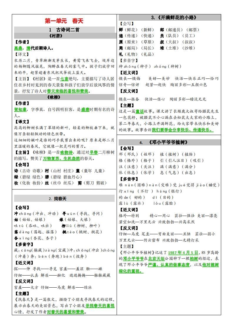 二年级下册语文课课贴（贴书）_练习题|试卷|知识点|复习提纲