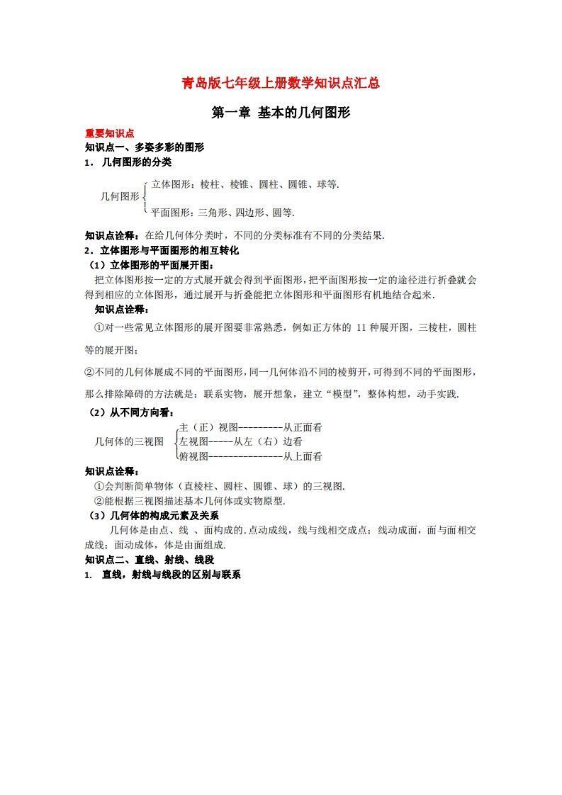 青岛版七年级上册数学知识点汇总_练习题|试卷|知识点|复习提纲