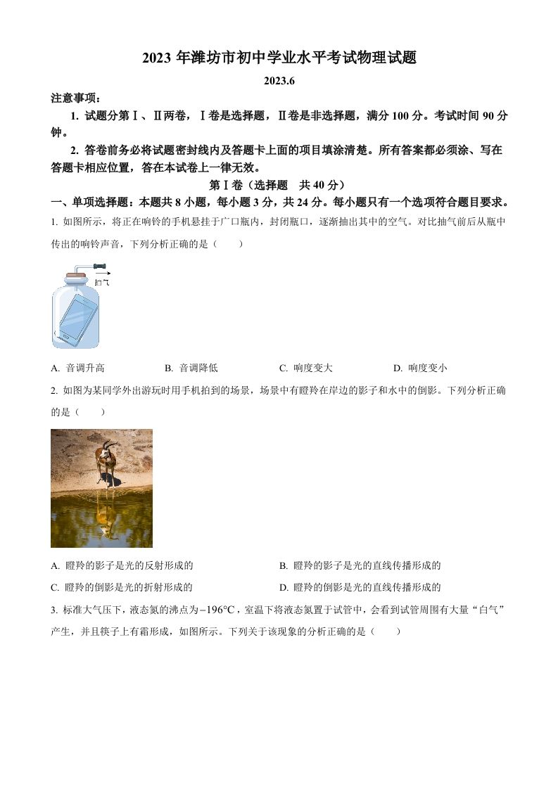 2023年山东省潍坊市中考物理真题（空白卷）_练习题|试卷|知识点|复习提纲