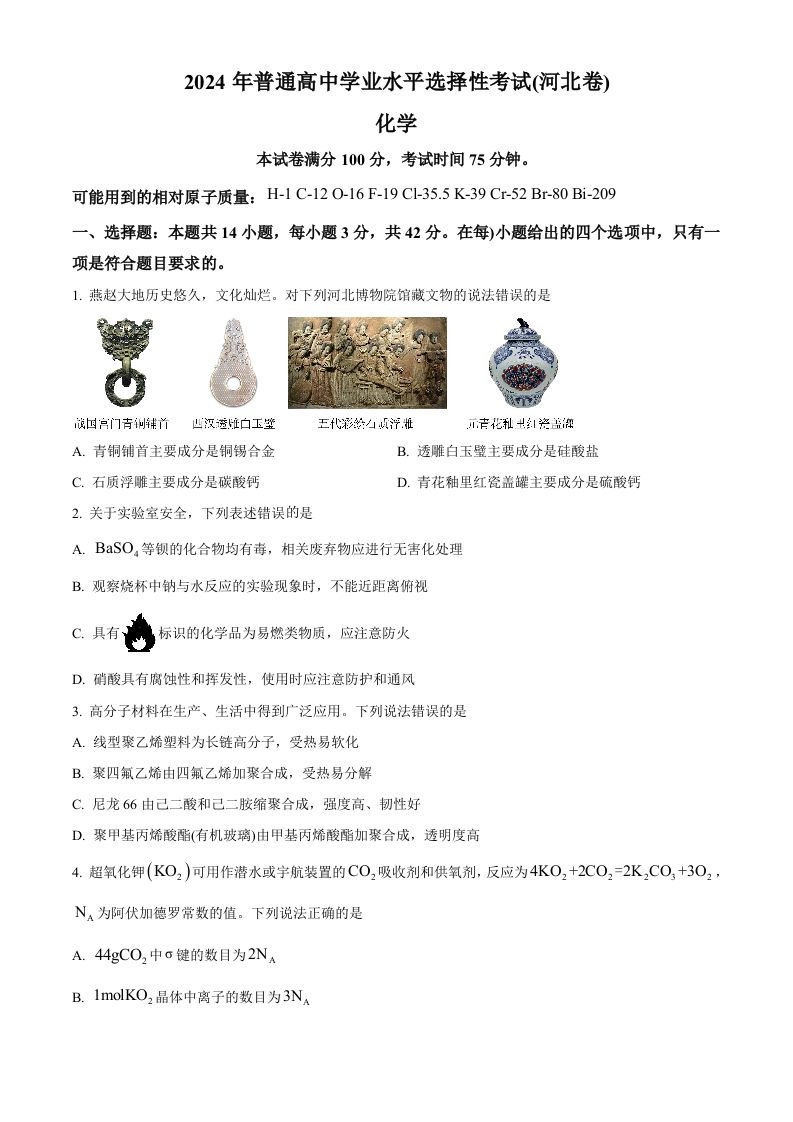 2024年高考化学试卷（河北）（空白卷）_练习题|试卷|知识点|复习提纲