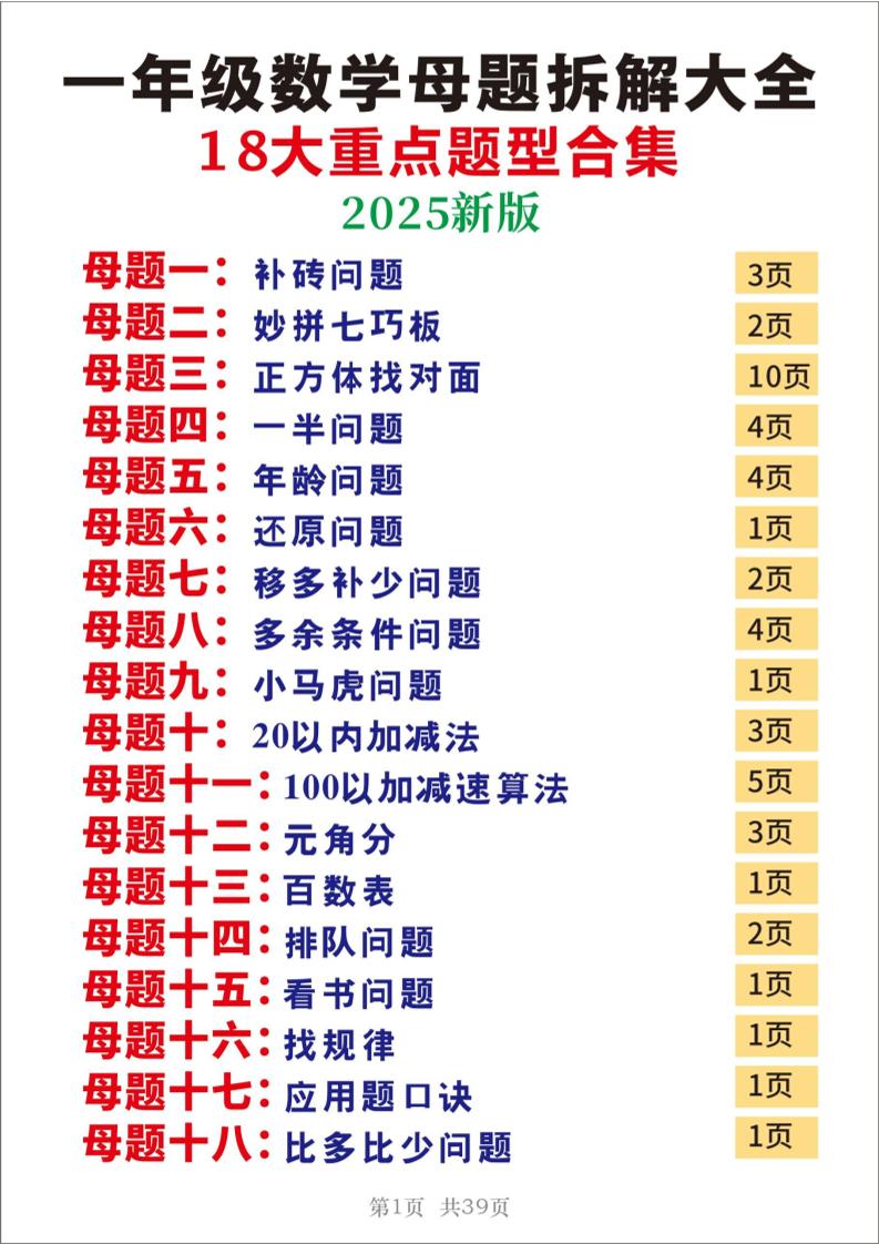 25一年级下册数学十八大母题重点题型39页_练习题|试卷|知识点|复习提纲
