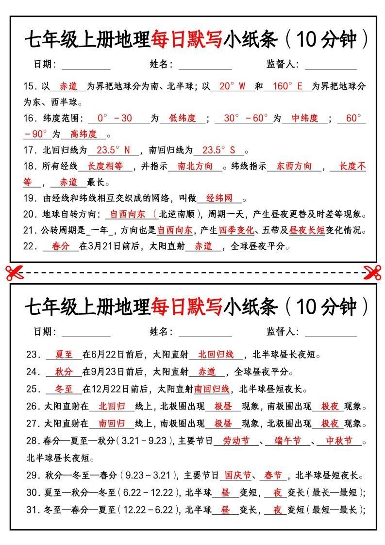 图片[2]_七年级上册地理每日默写小纸条（10分钟）_练习题|试卷|知识点|复习提纲