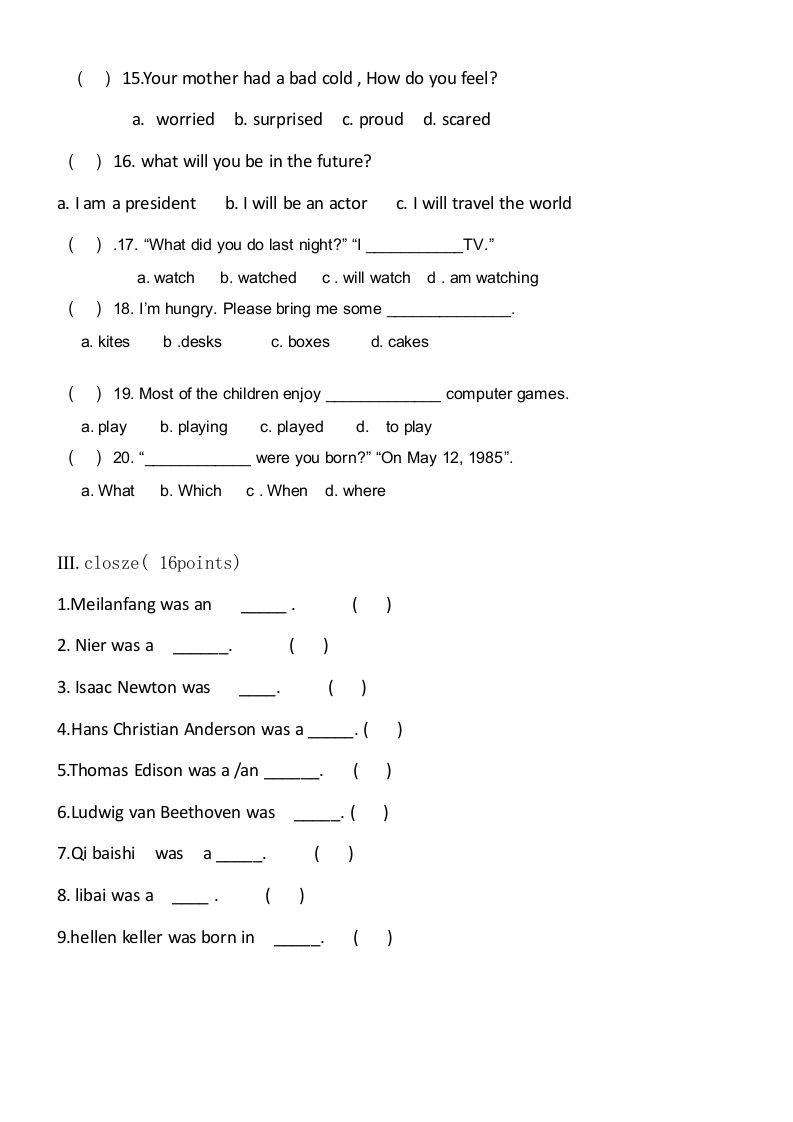 图片[3]_六年级英语上册期末试卷4（人教版一起点）_练习题|试卷|知识点|复习提纲