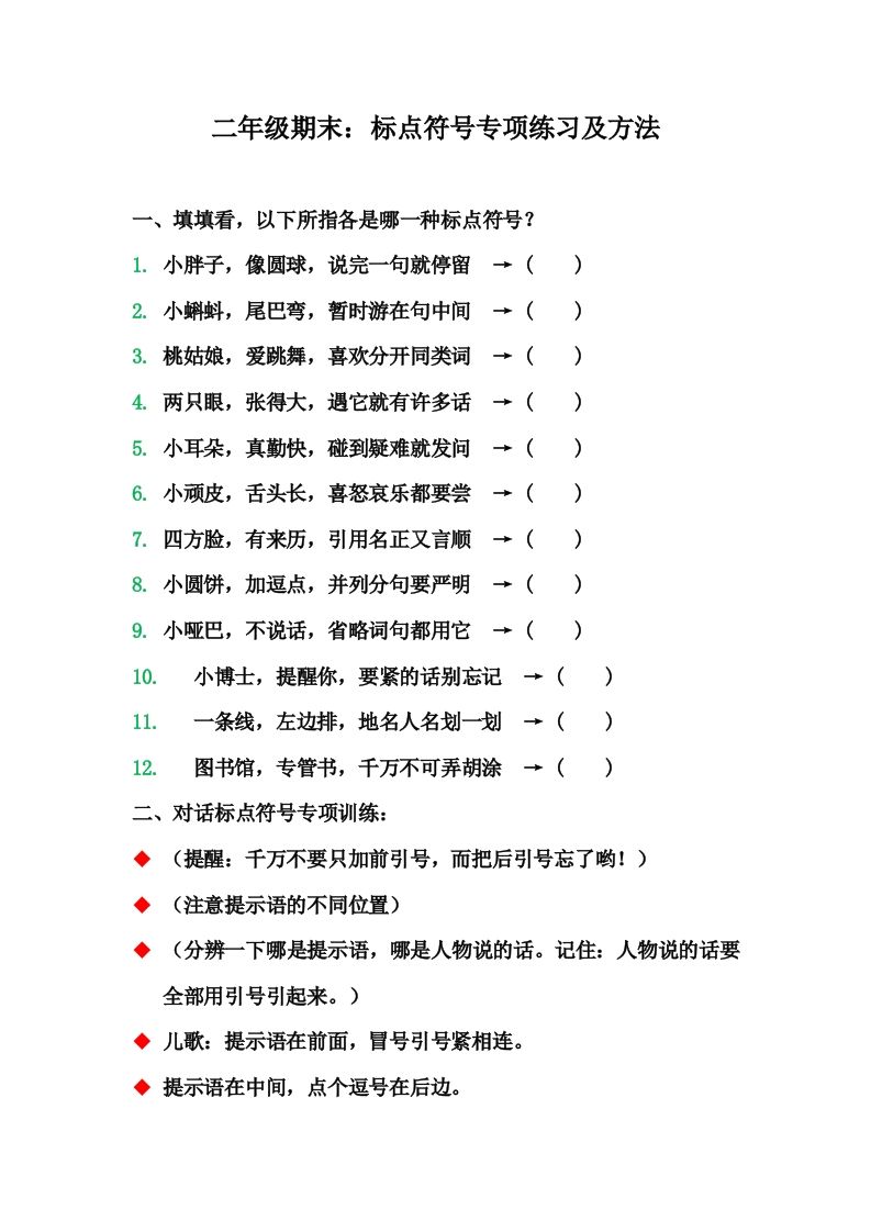 二（上）语文期末标点符号的使用方法及训练_练习题|试卷|知识点|复习提纲