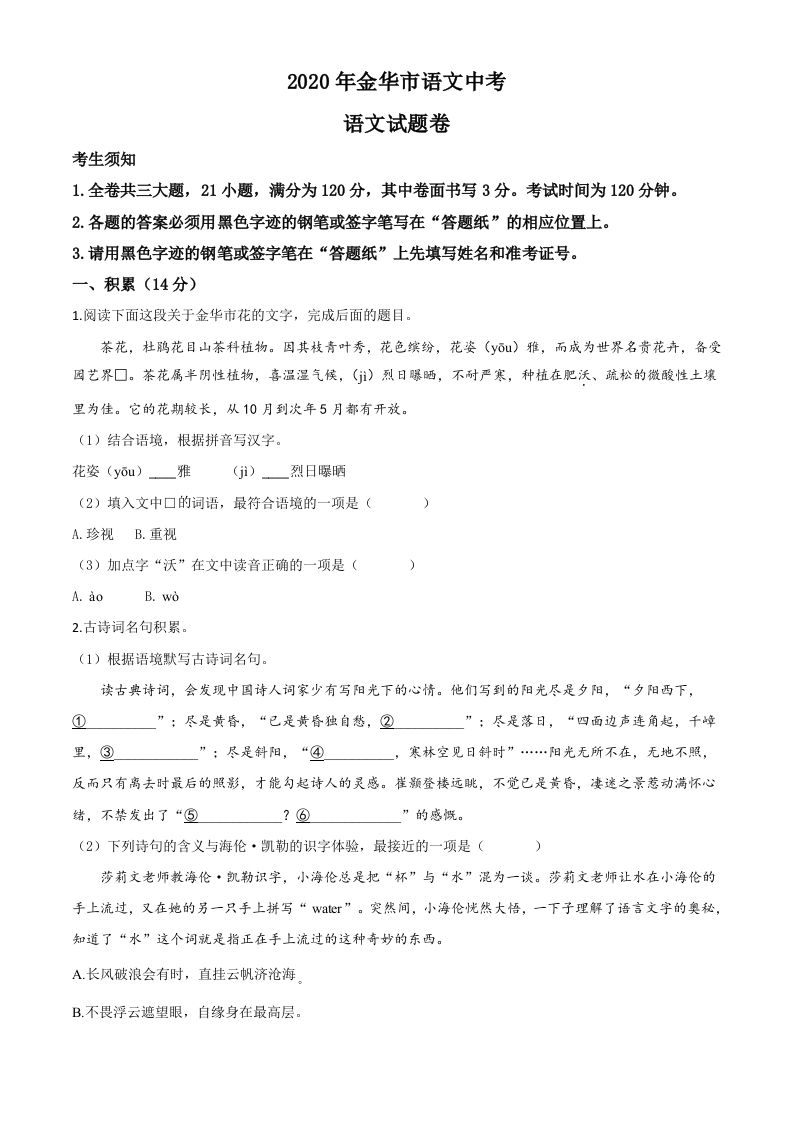 浙江省金华、丽水、义乌2020年中考语文试题（空白卷）_练习题|试卷|知识点|复习提纲