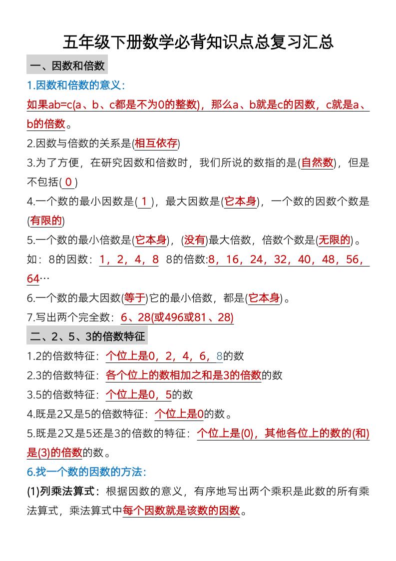 五年级下数学单元知识点汇总_练习题|试卷|知识点|复习提纲