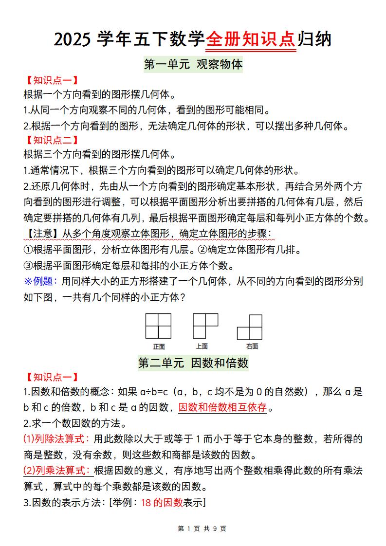 【人教版】2025学年五下数学全册知识点归纳_练习题|试卷|知识点|复习提纲