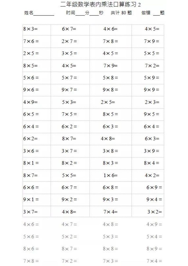 图片[2]_二上数学乘法口算题卡2_练习题|试卷|知识点|复习提纲