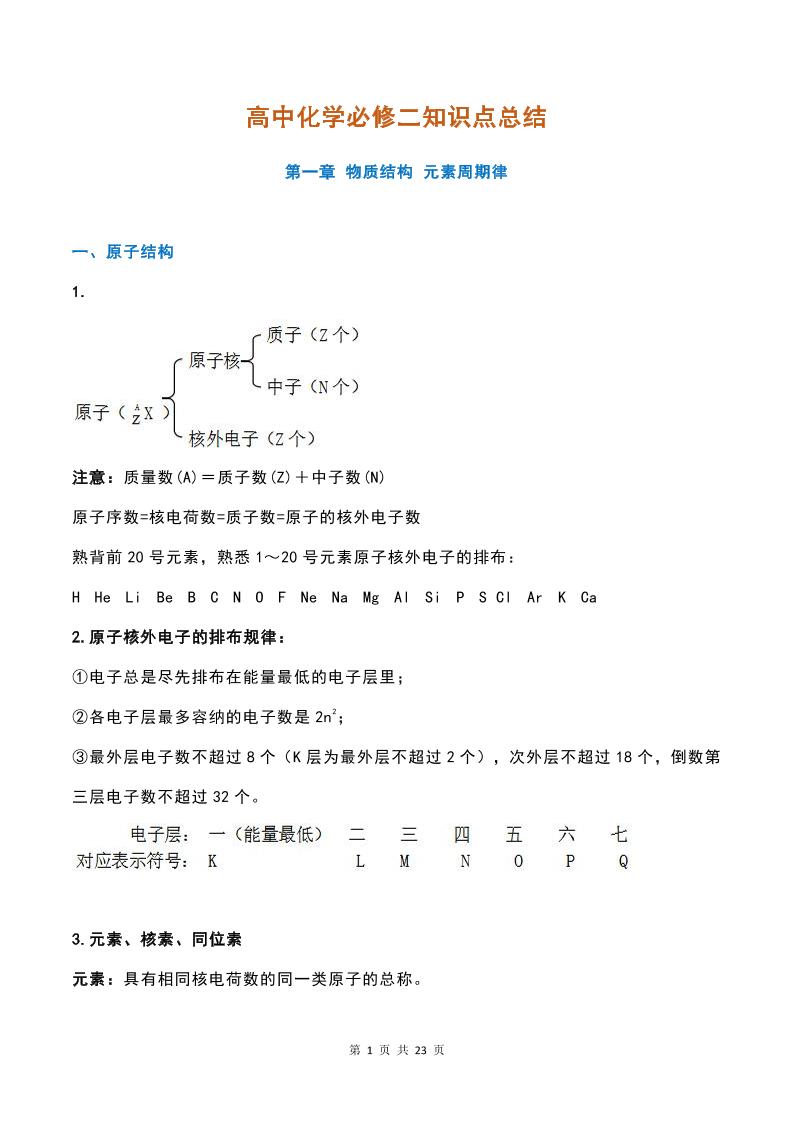10-高中化学必修二考点笔记整理_练习题|试卷|知识点|复习提纲