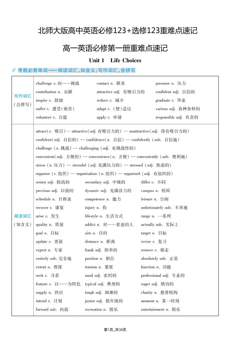 100-北师大版高中英语必修123+选修123重难点速记_练习题|试卷|知识点|复习提纲