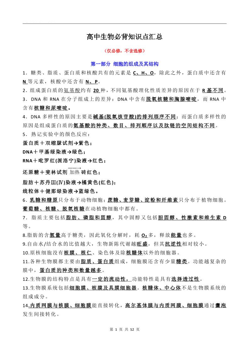 101-高中生物必背知识点汇总_练习题|试卷|知识点|复习提纲