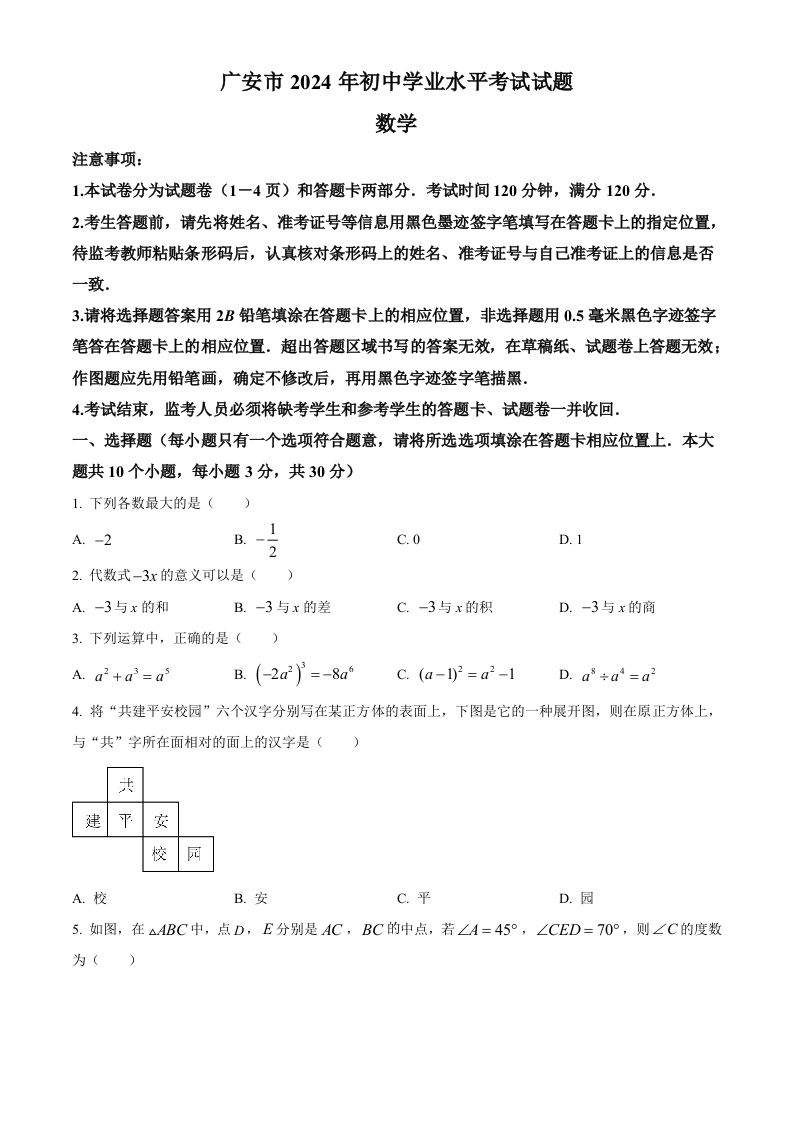 2024年四川省广安市中考数学试题（空白卷）_练习题|试卷|知识点|复习提纲