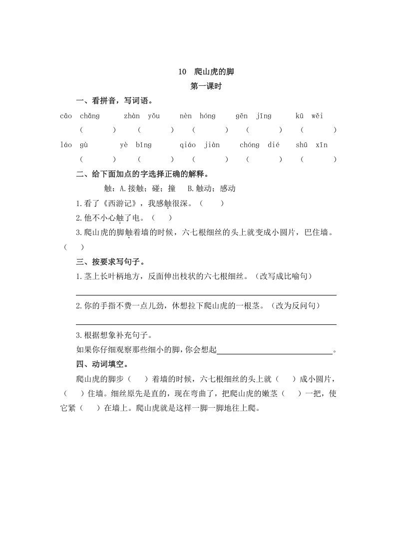 四年级语文上册10爬山虎的脚_练习题|试卷|知识点|复习提纲