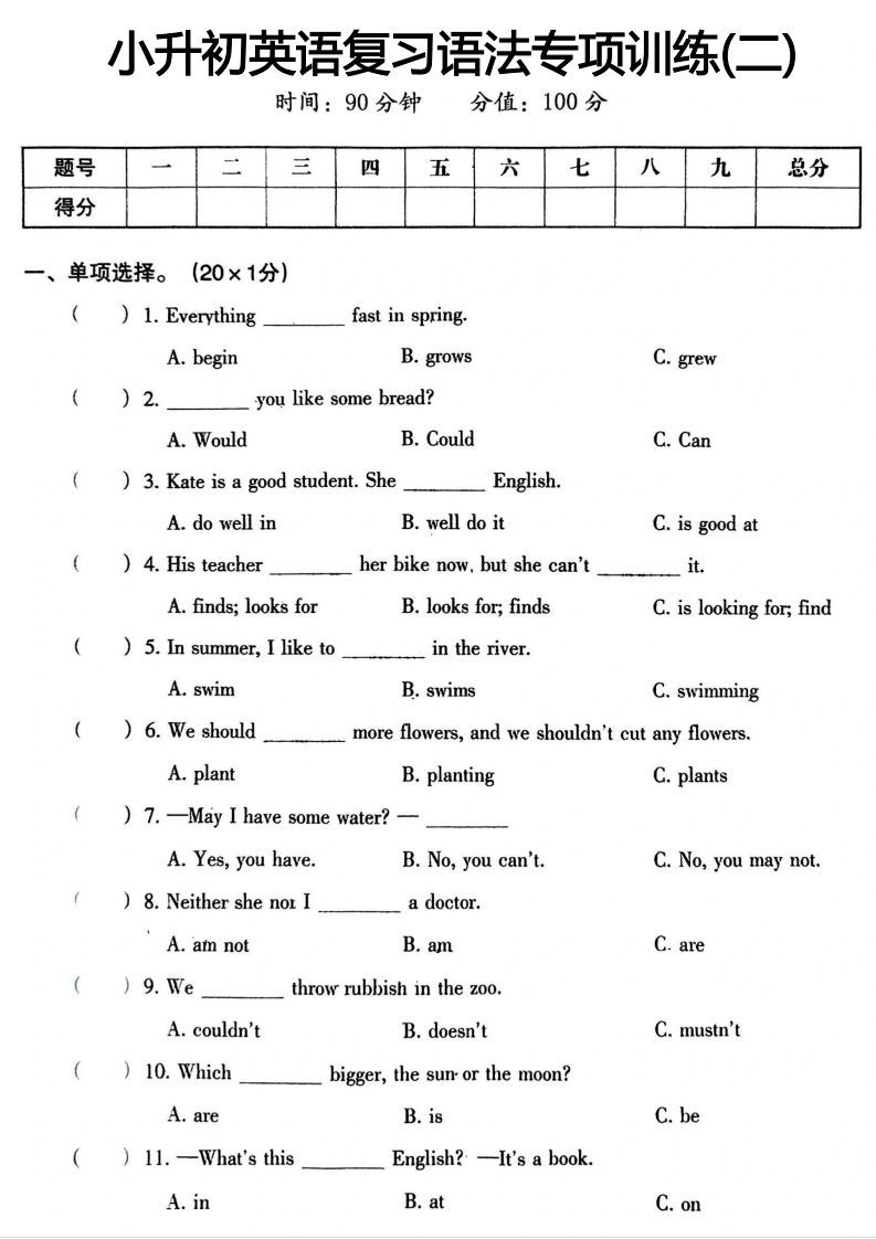 小升初英语语法专项二_练习题|试卷|知识点|复习提纲
