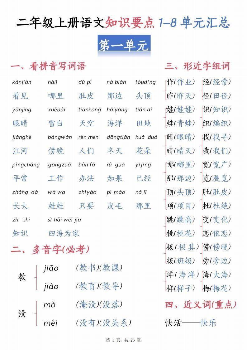 【1-8单元汇总知识要点（26页）】二上语文_练习题|试卷|知识点|复习提纲