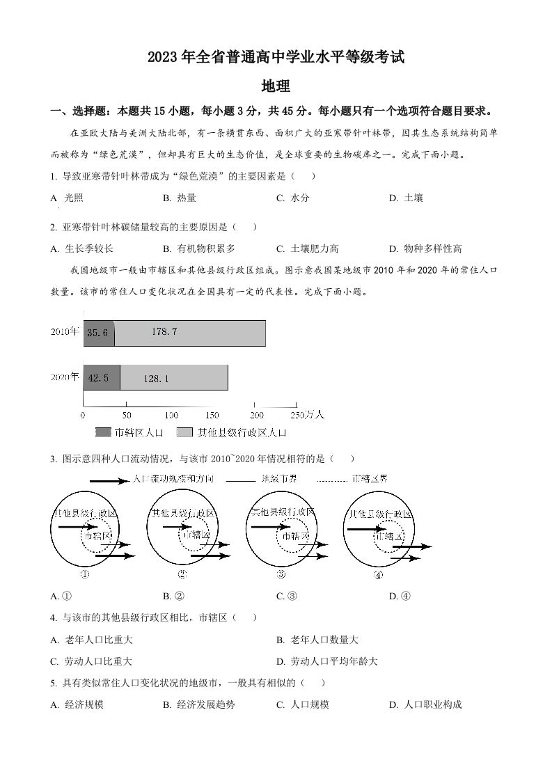 2023年高考地理试卷（山东）（空白卷）_练习题|试卷|知识点|复习提纲