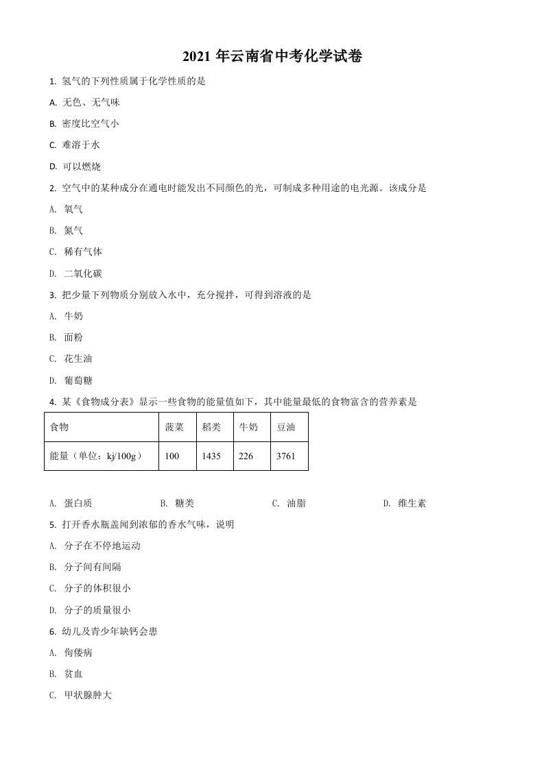 云南省2021年中考化学试题（空白卷）_练习题|试卷|知识点|复习提纲