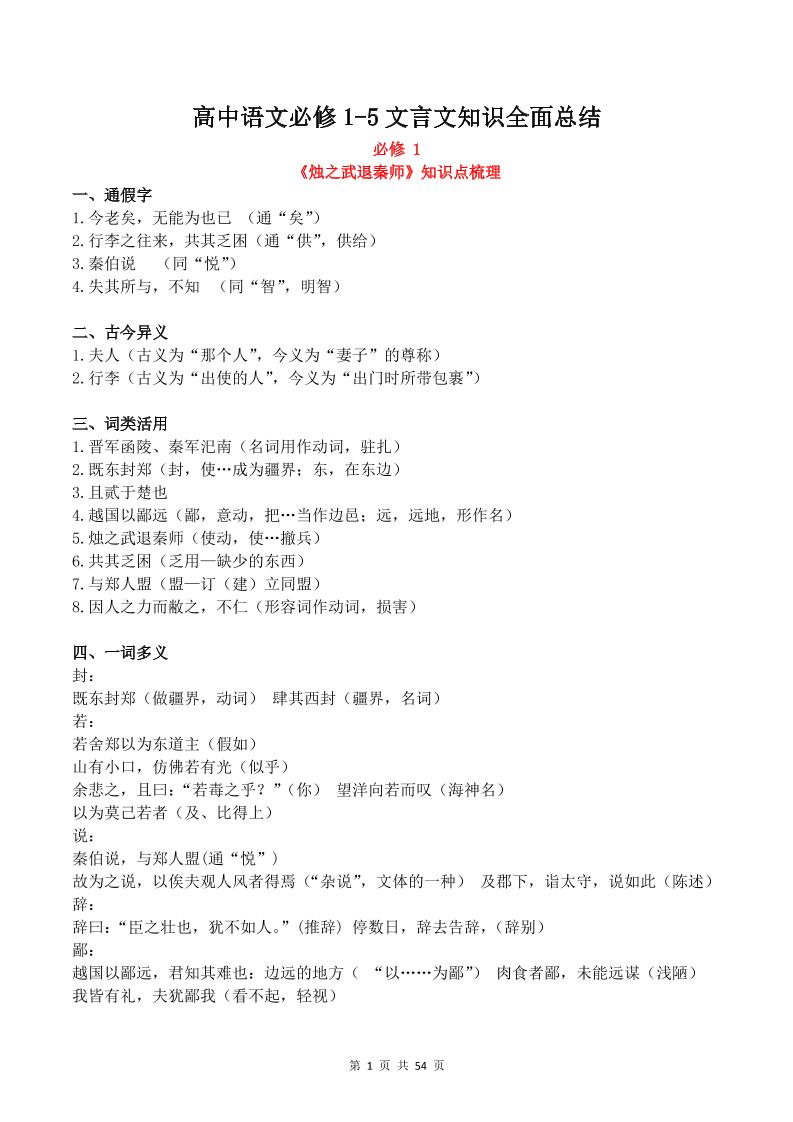 147-高中语文必修1-5文言文知识全面总结_练习题|试卷|知识点|复习提纲