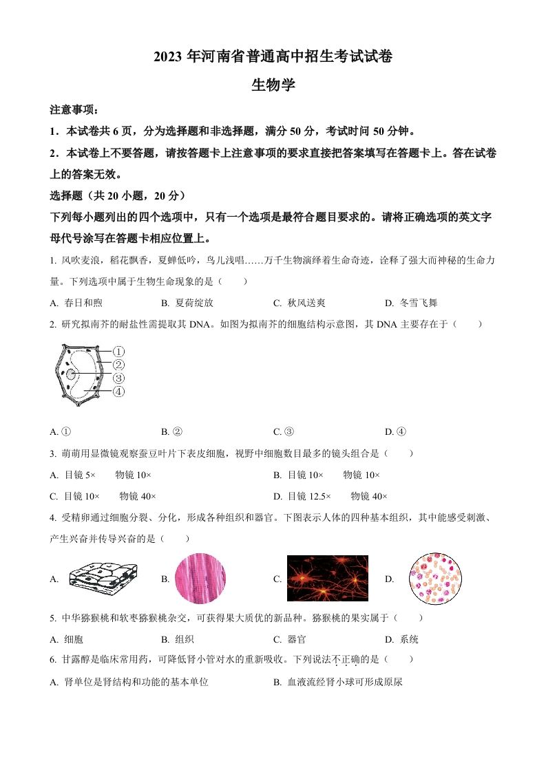 2023年河南省中考生物真题（空白卷）_练习题|试卷|知识点|复习提纲