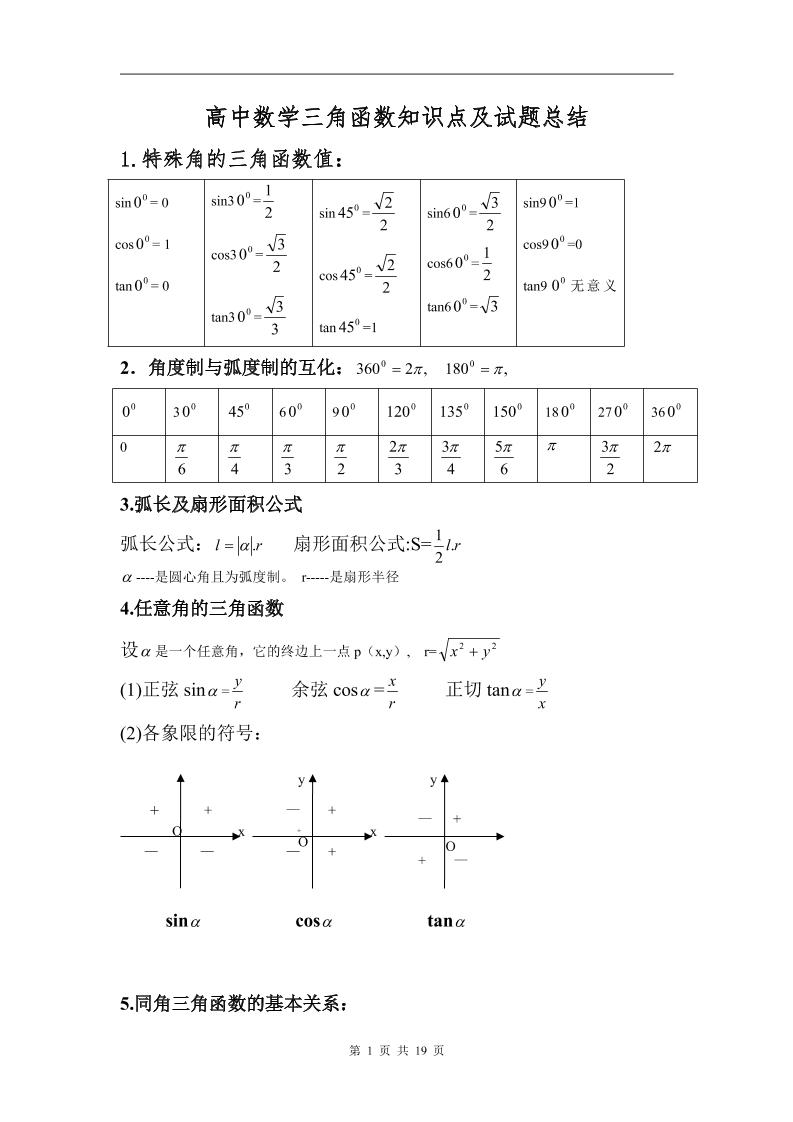 160-高中数学三角函数知识点及试题总结_练习题|试卷|知识点|复习提纲