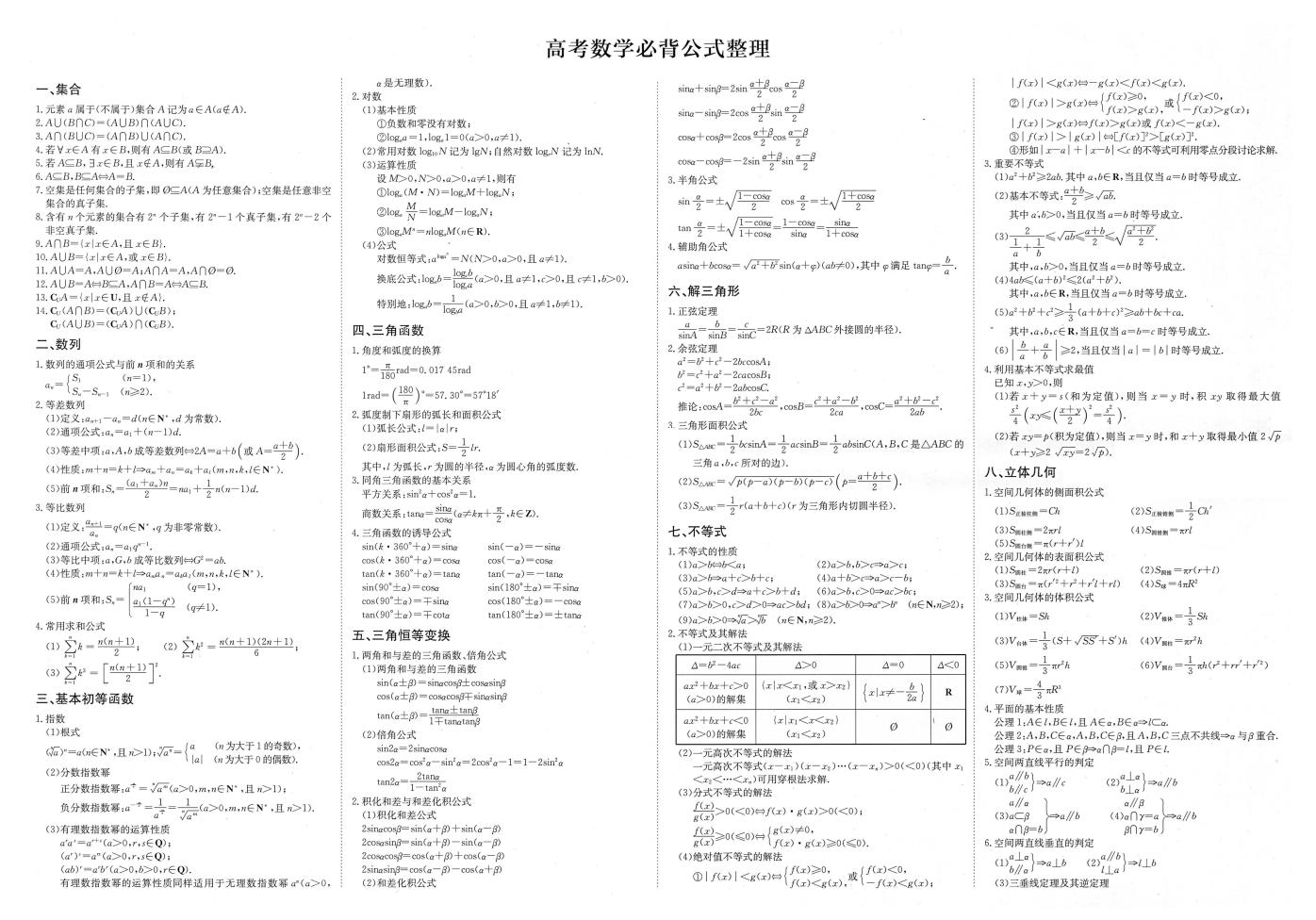 171-2024高考数学必背公式整理_练习题|试卷|知识点|复习提纲