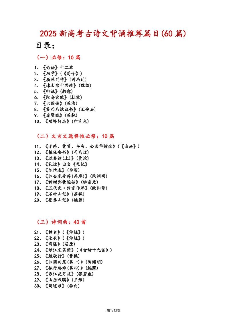 171-2025新高考古诗文背诵推荐篇目(60篇)_练习题|试卷|知识点|复习提纲