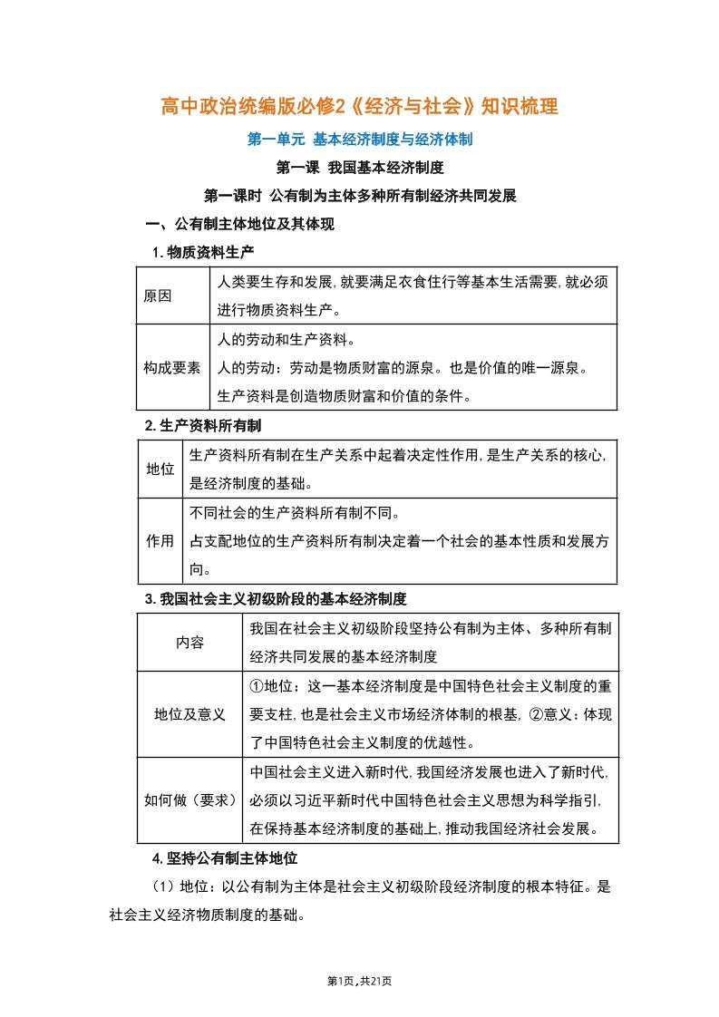 19-高中政治统编版必修2《经济与社会》知识梳理_练习题|试卷|知识点|复习提纲