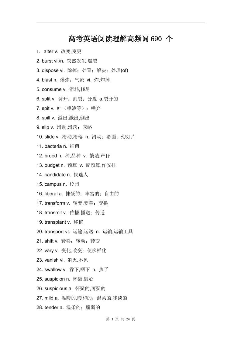192-高考英语阅读理解高频词690个_练习题|试卷|知识点|复习提纲