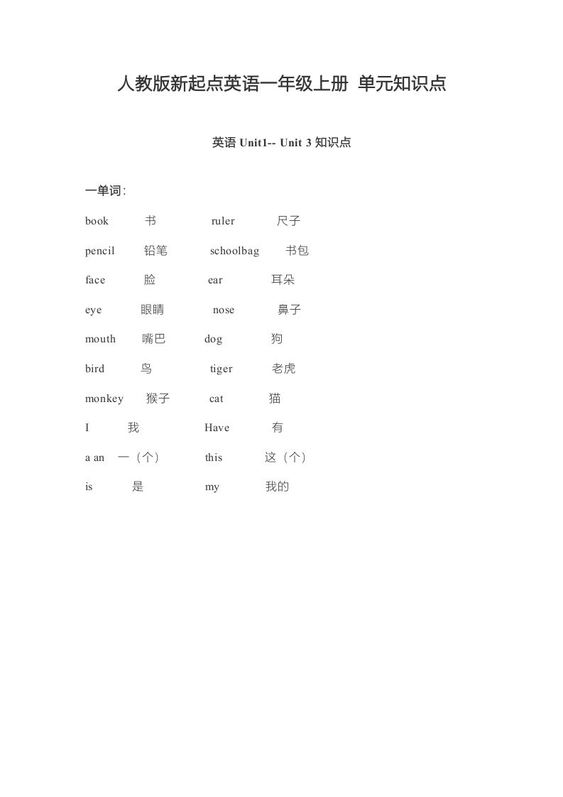 一年级英语上册单元知识点（人教一起点）_练习题|试卷|知识点|复习提纲