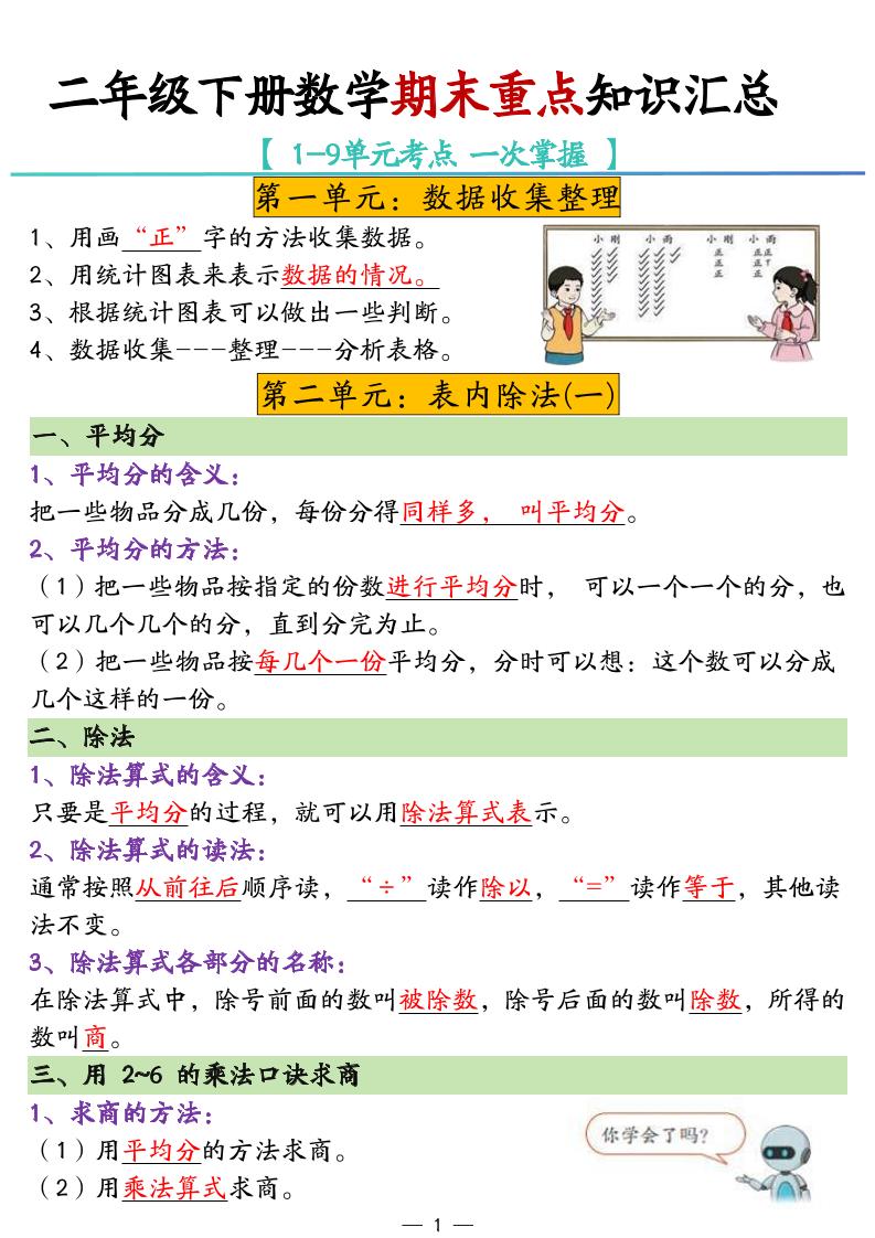 二年级下册数学期末重点知识汇总_练习题|试卷|知识点|复习提纲