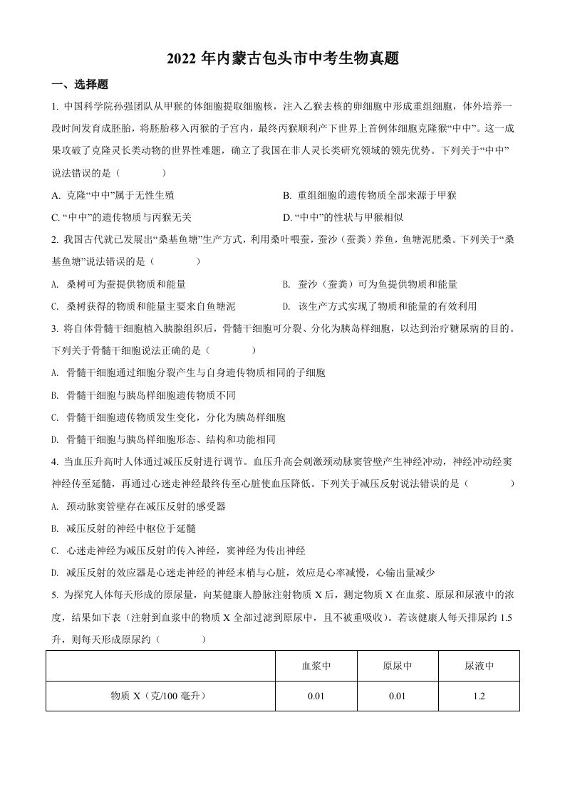 2022年内蒙古包头市中考生物真题（空白卷）_练习题|试卷|知识点|复习提纲