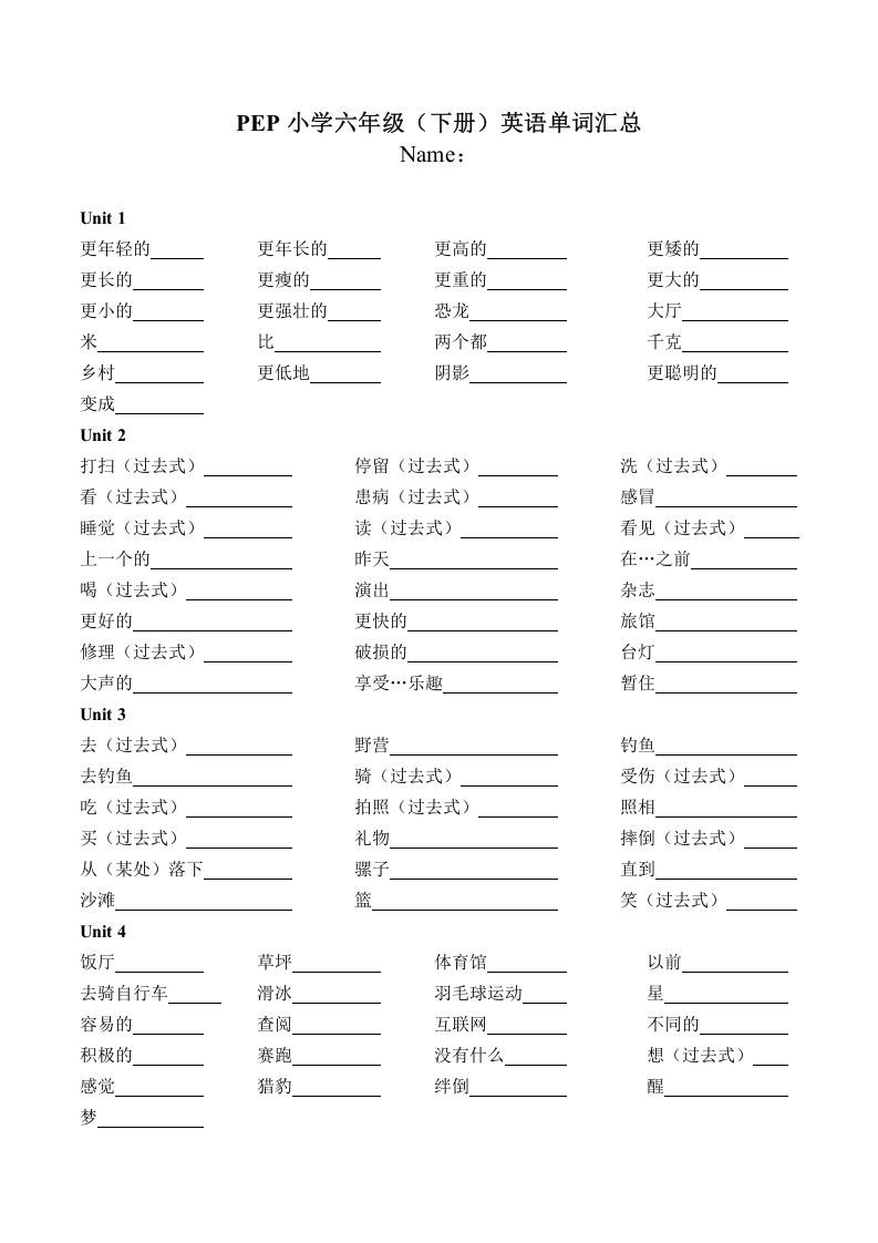 六年级英语下册PEP（）单词（学生默写版）_练习题|试卷|知识点|复习提纲