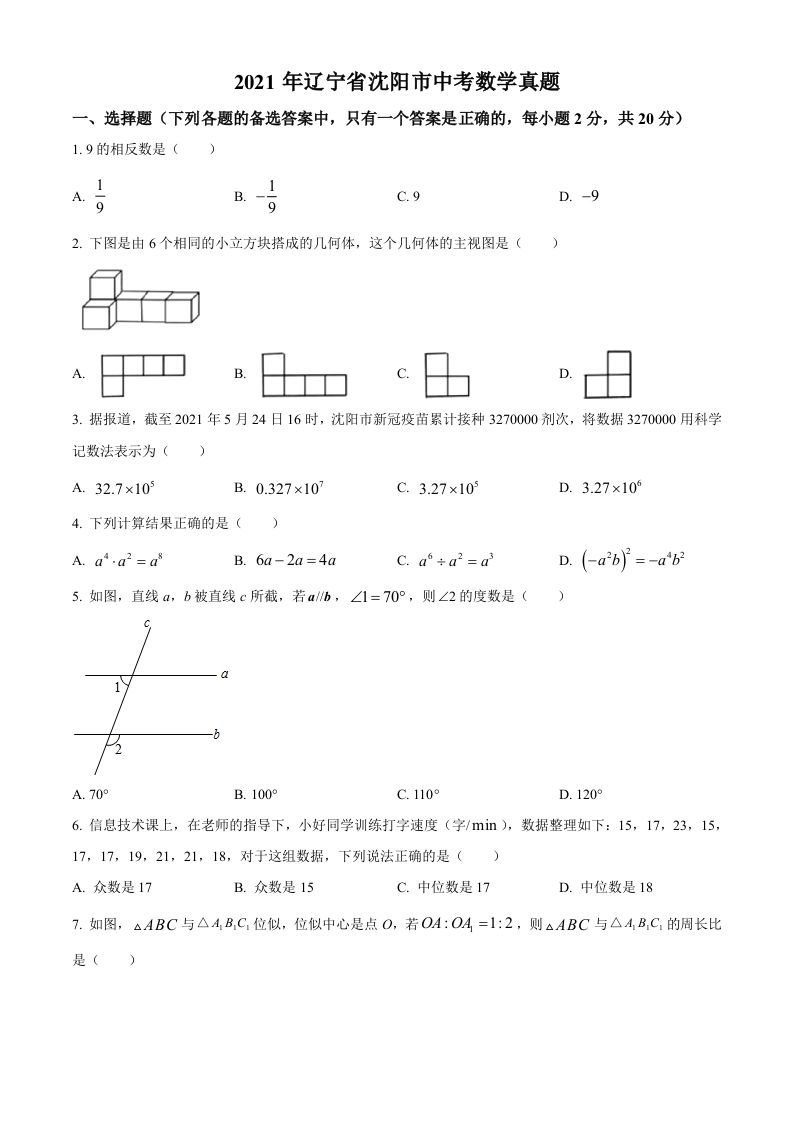 2021年辽宁省沈阳市中考数学真题（空白卷）_练习题|试卷|知识点|复习提纲