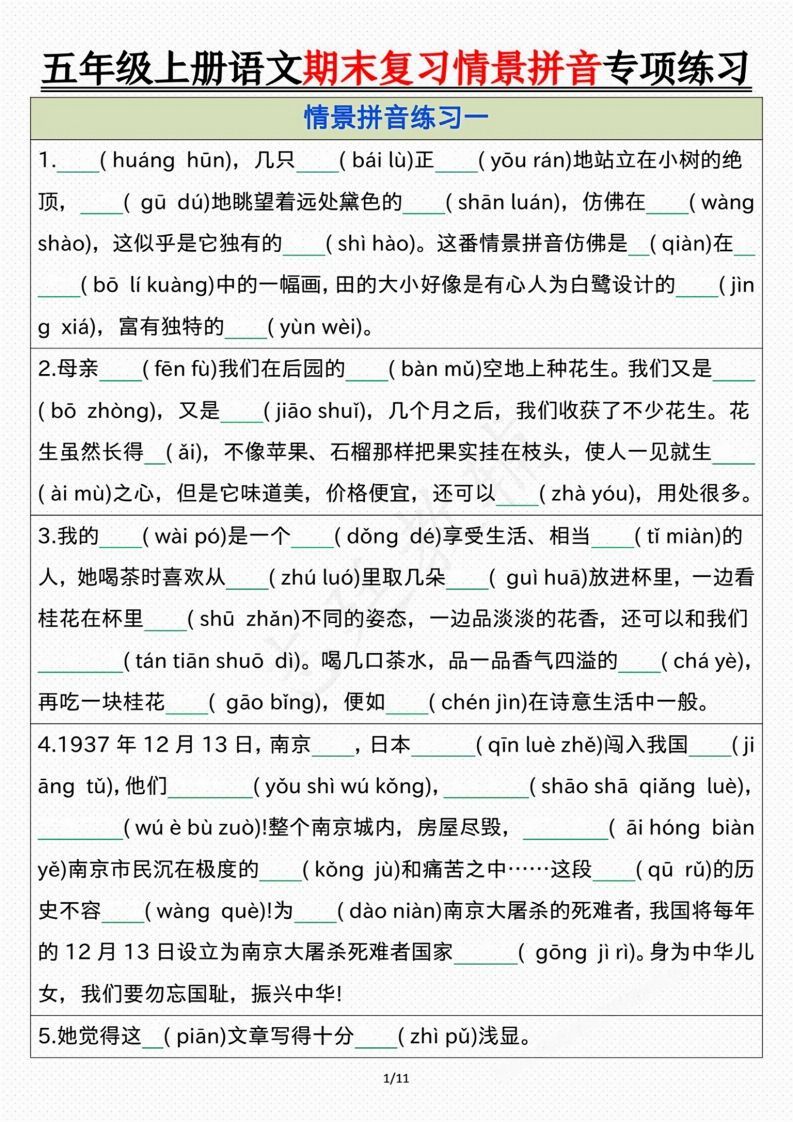 【期末情景拼音默写专项练习（空白）】五上语文_练习题|试卷|知识点|复习提纲