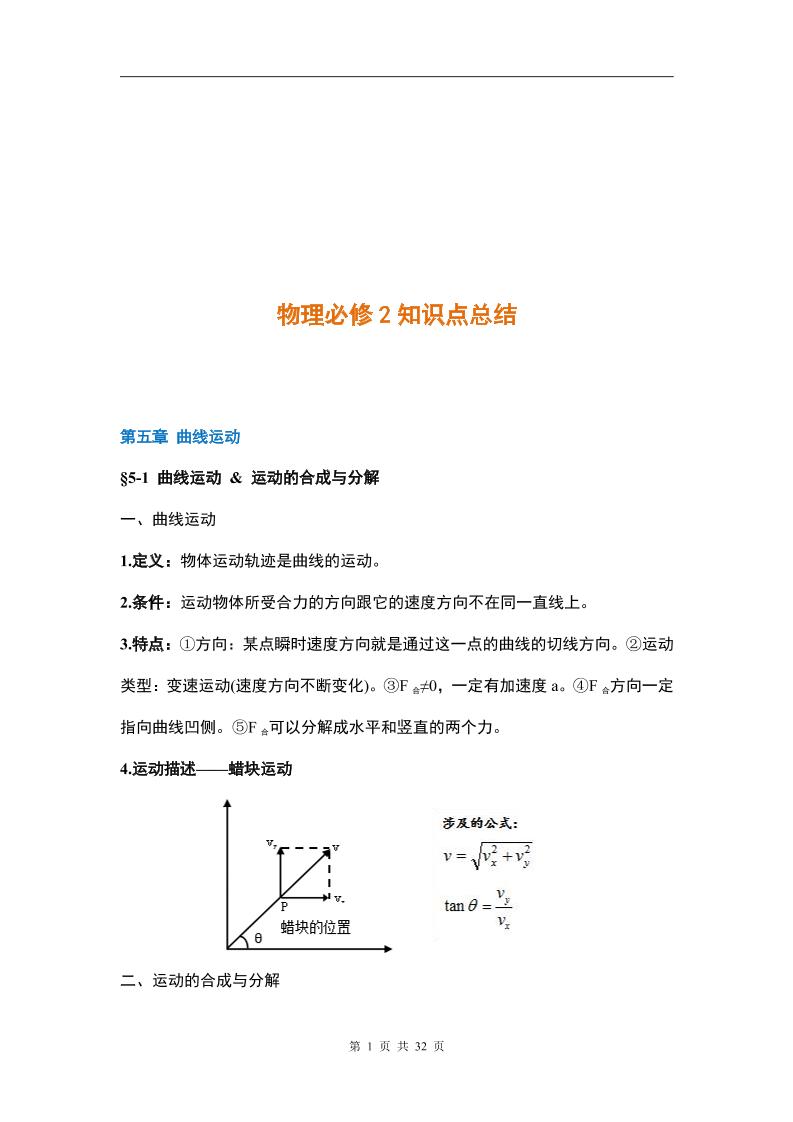 2-人教版高中物理必修2知识点_练习题|试卷|知识点|复习提纲