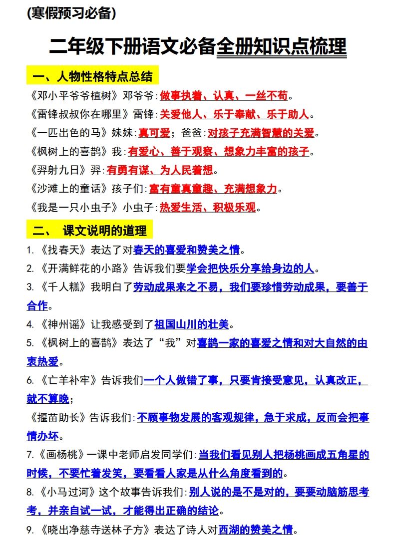 二年级语文下册知识点归纳总复习_练习题|试卷|知识点|复习提纲
