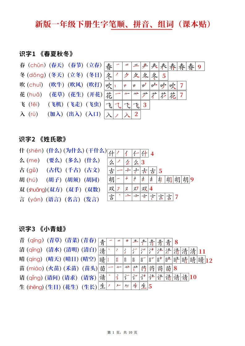 新版一下语文生字笔顺拼音组词（课课贴课本贴）10页_练习题|试卷|知识点|复习提纲