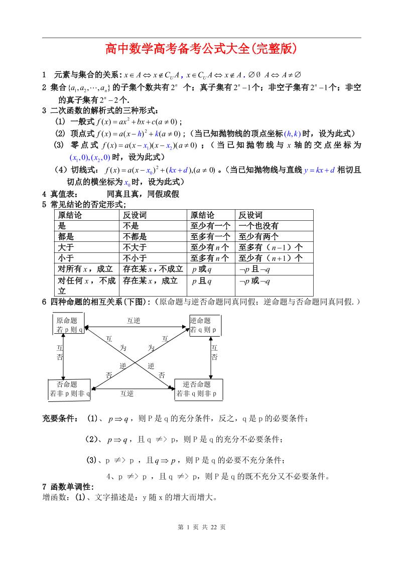 211-高中数学高考备考公式大全(完整版)_练习题|试卷|知识点|复习提纲
