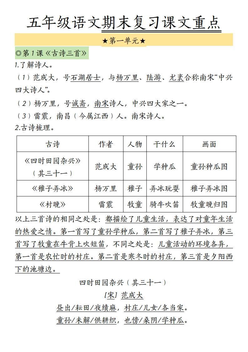 【期末复习课文重点】五下语文_练习题|试卷|知识点|复习提纲