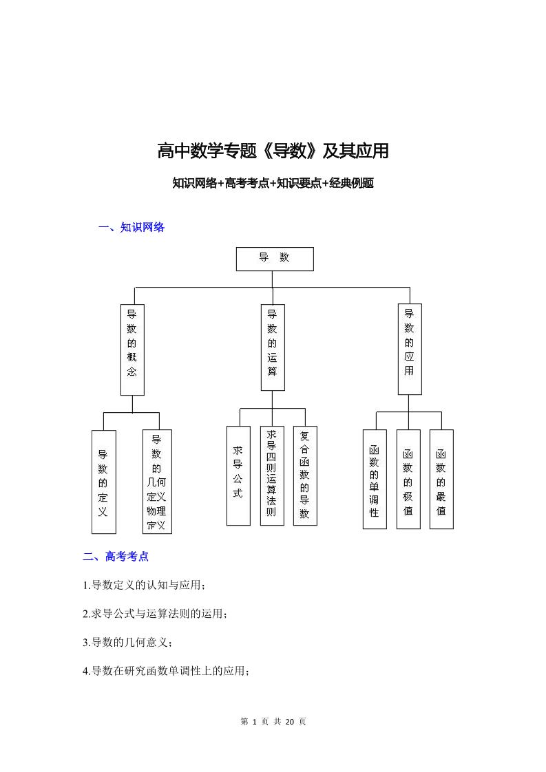 22-高中数学专题《导数》知识网络+高考考点+知识要点+经典例题_练习题|试卷|知识点|复习提纲