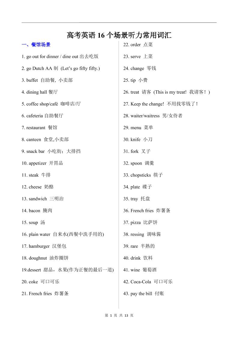 222-高考英语16个场景听力常用词汇_练习题|试卷|知识点|复习提纲