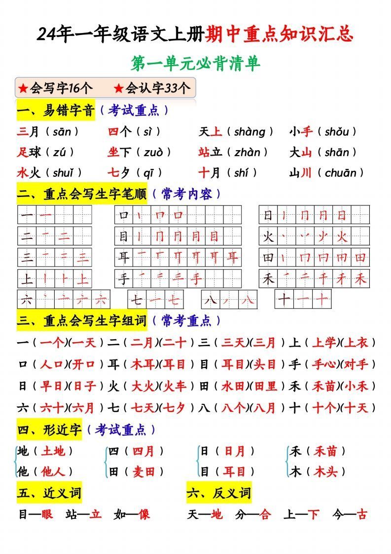 24年一年级语文上册期中重点知识汇总1_纯图版_练习题|试卷|知识点|复习提纲