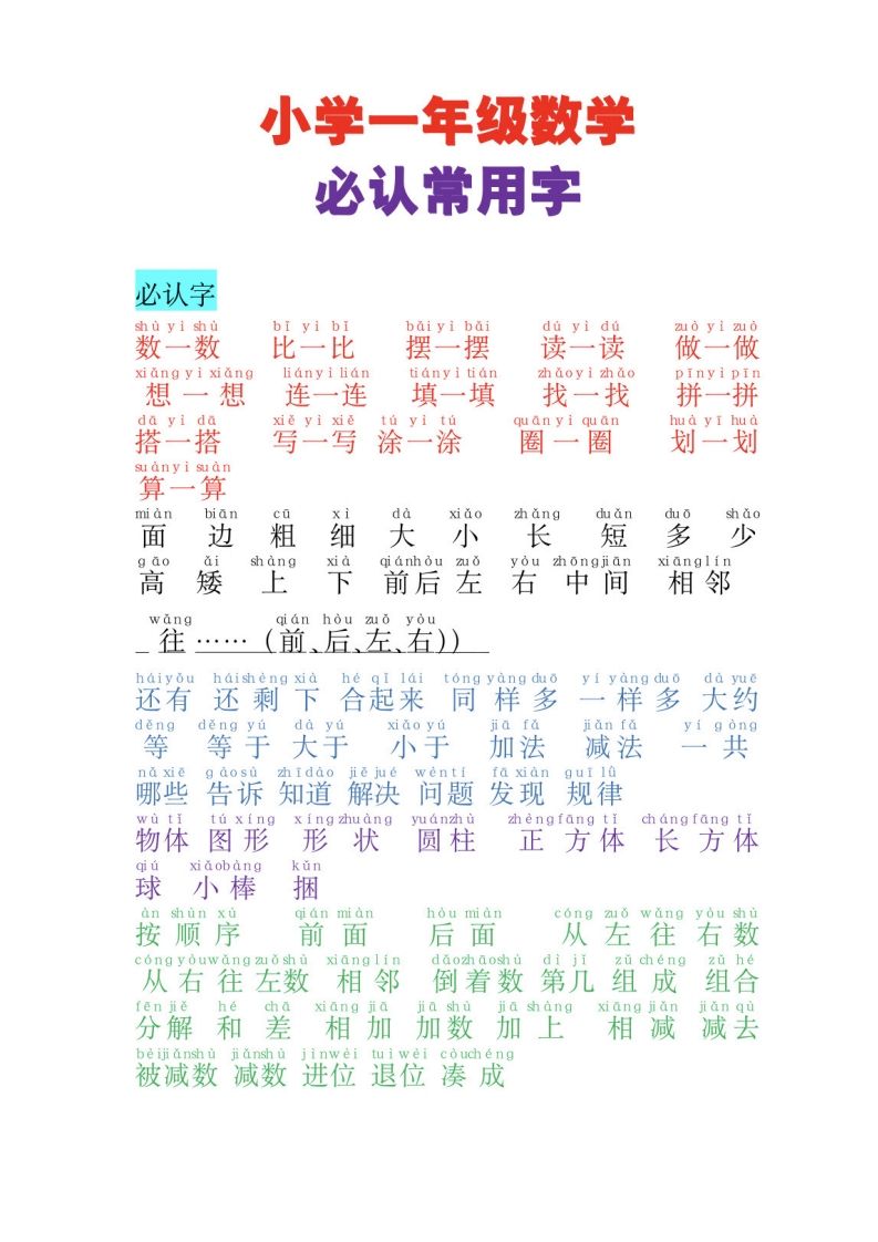 一年级上册数学必认常用字_练习题|试卷|知识点|复习提纲