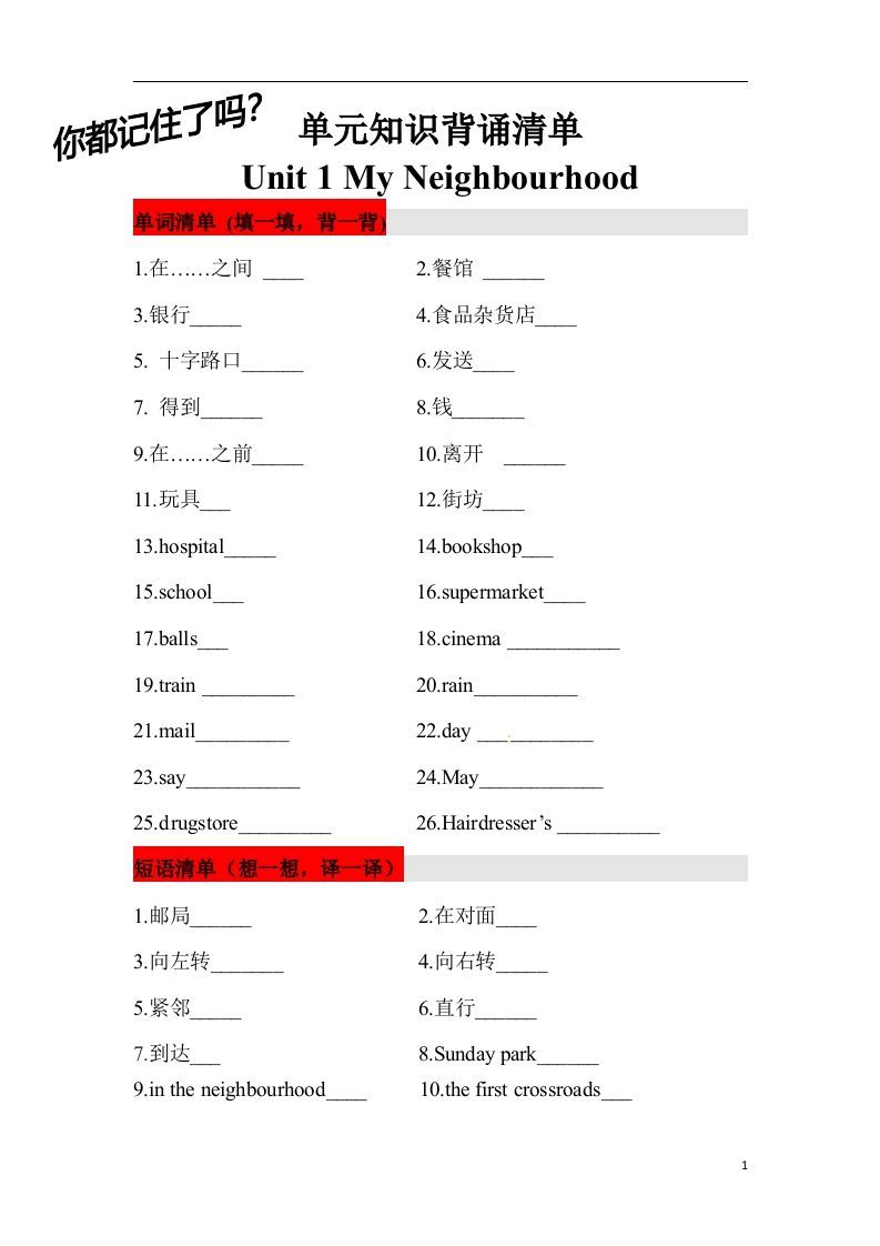 ❤四年级英语下册单元知识背诵清单Unit1MyNeighbourhood人教新起点（含答案）_练习题|试卷|知识点|复习提纲