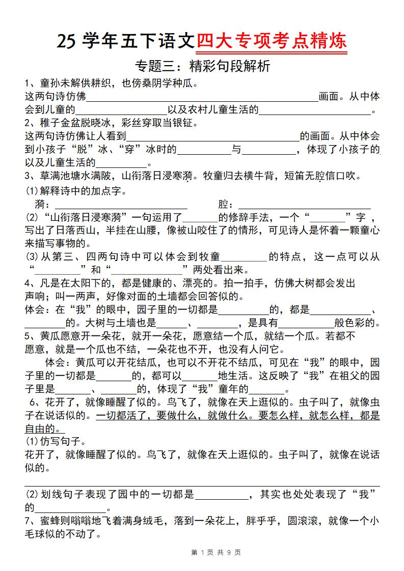 25学年五下语文四大专项考点精炼（专题三：精彩句段解析）_练习题|试卷|知识点|复习提纲