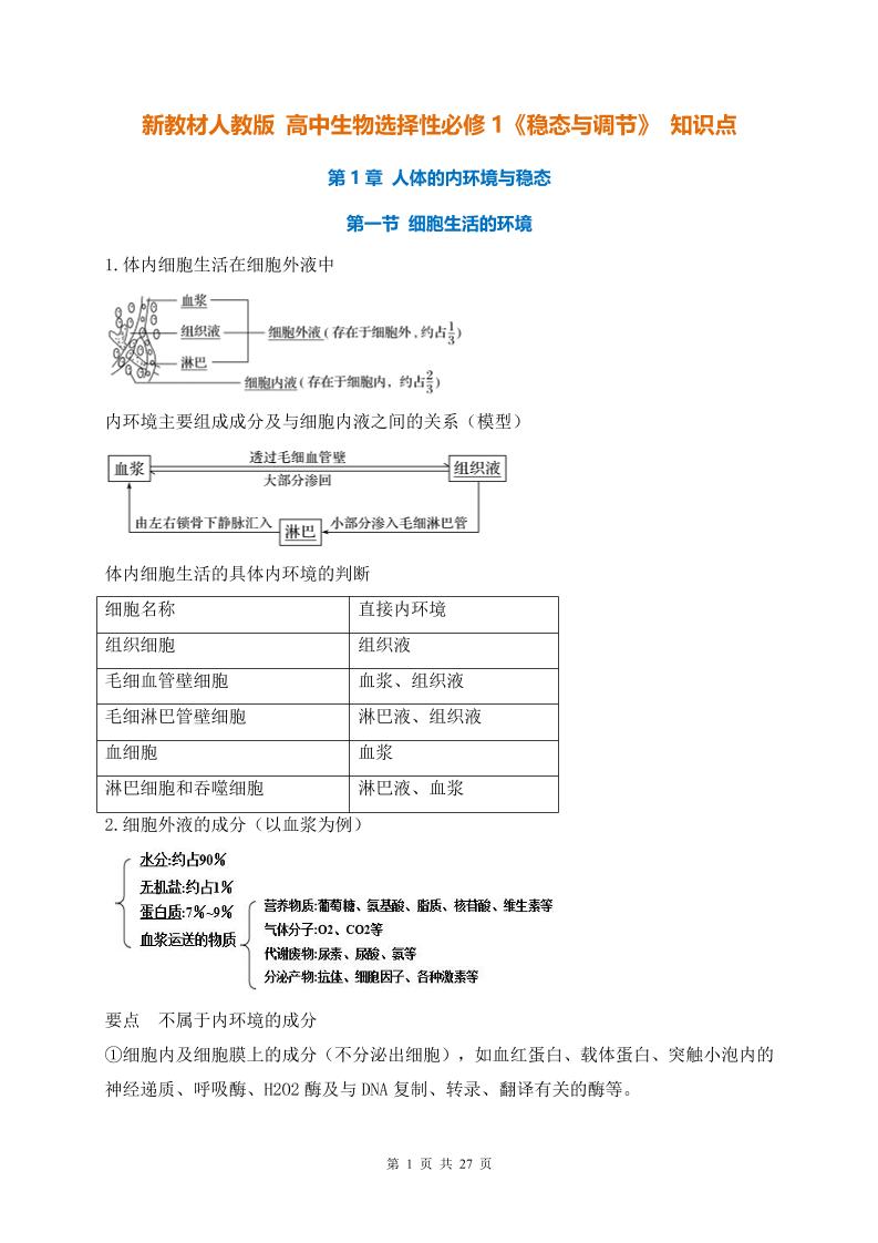 26-新教材人教版高中生物选择性必修1《稳态与调节》知识点_练习题|试卷|知识点|复习提纲