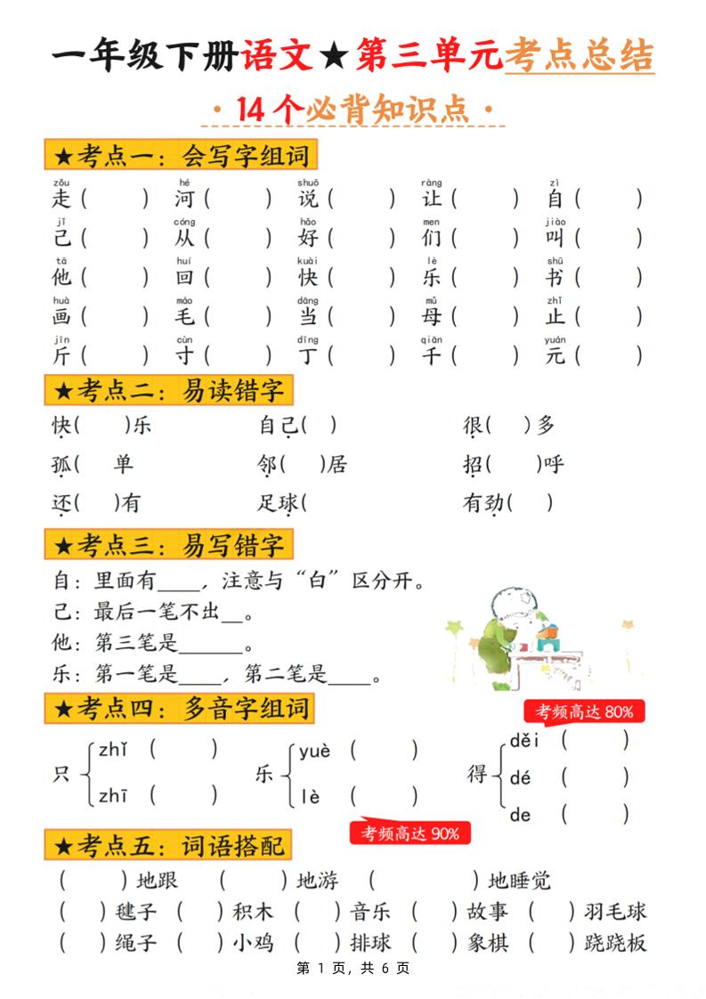 一下语文第三单元考点总结（含练习6页）_练习题|试卷|知识点|复习提纲