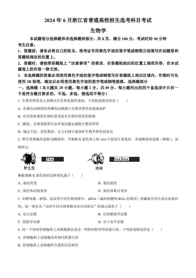 2024年高考生物试卷（浙江）（6月）（空白卷）_练习题|试卷|知识点|复习提纲