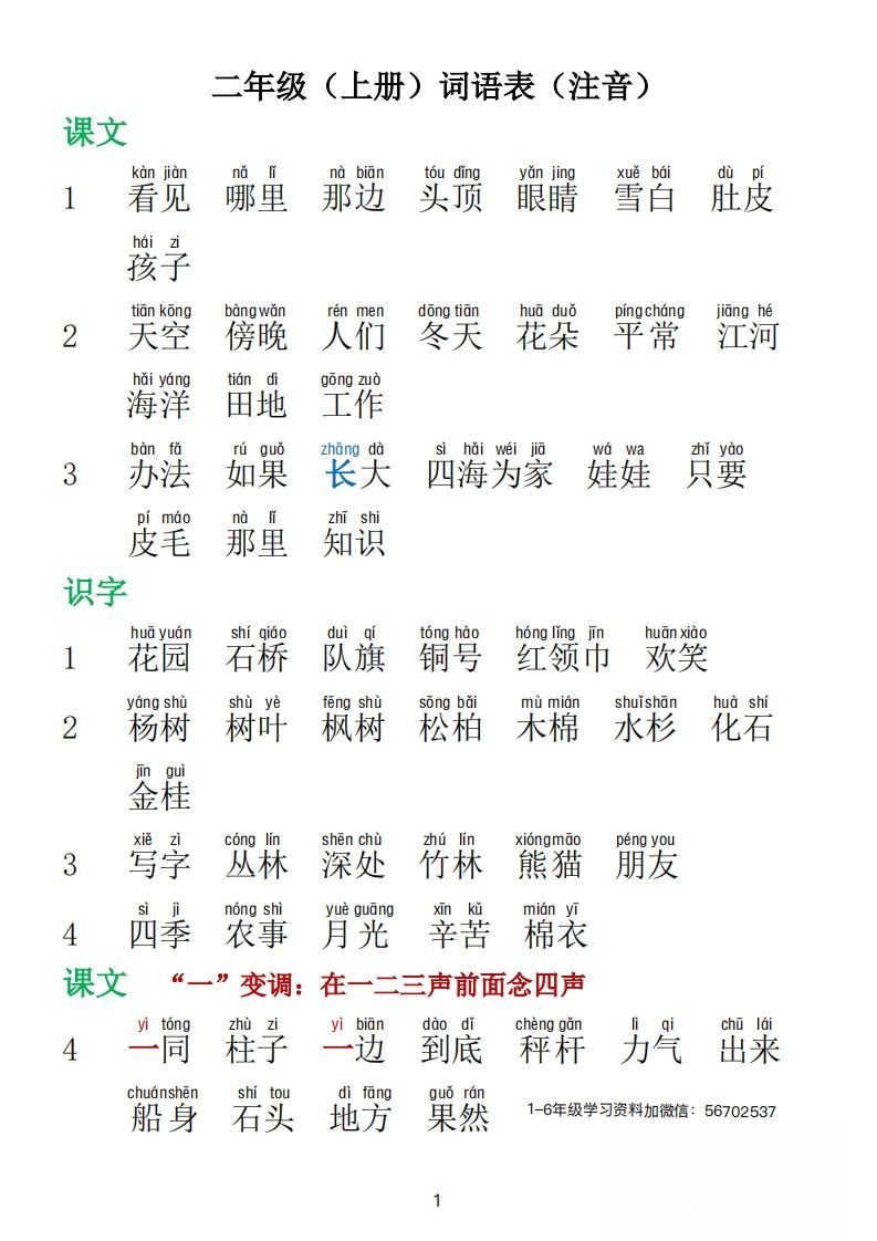 二年级语文上册词语表拼音版1_练习题|试卷|知识点|复习提纲