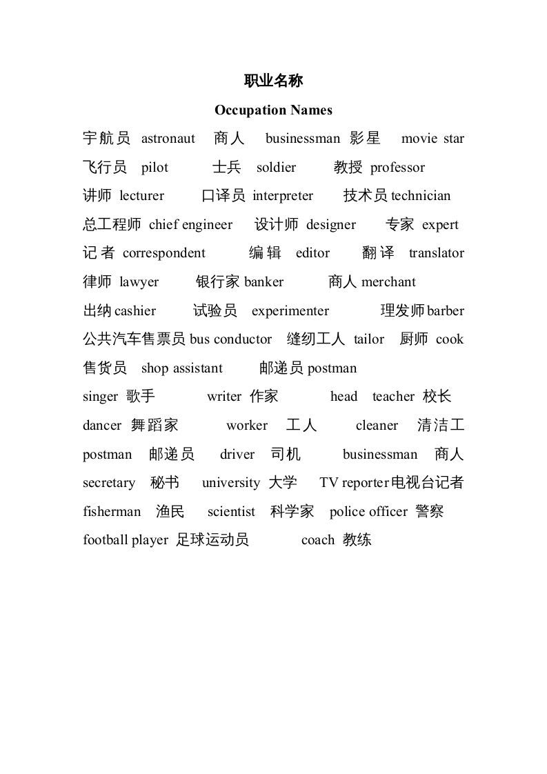 六年级英语上册常见职业名称（人教版PEP）_练习题|试卷|知识点|复习提纲